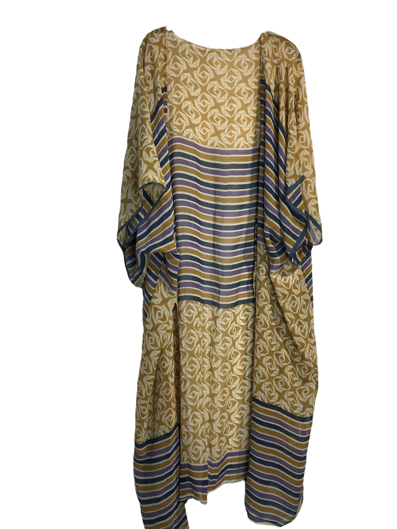 Retro Sheer Long Pure Silk Kimono-Sleeved Duster with Belt