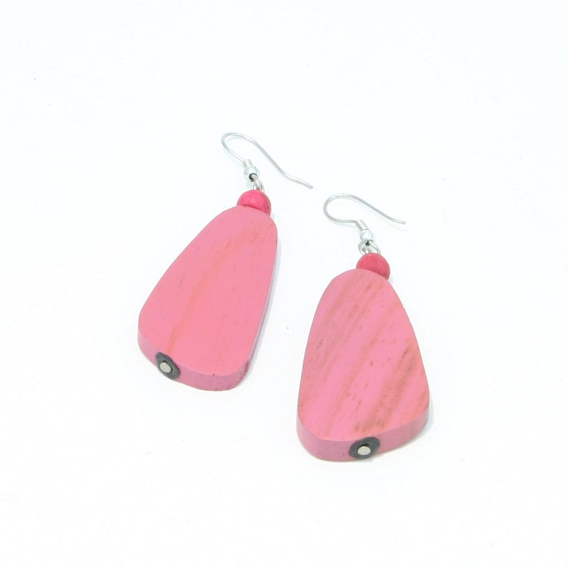 Pink Oblong Wooden Earrings - sariKNOTsari slow fashion bryn walker linen Hamilton sustainable fashion gifts sari not sari Hamilton Fair trade  Ethical  Artisan made  Zero waste  Up-cycled Slow Fashion  Handmade  GTA Toronto Copper Pure Upcycled vintage silk handmade recycled recycle copper pure silk travel clothing hamilton vacation cruisewear resortwear bathing suit bathingsuit vacation etsy silk clothing gifts gift dress top pants linen bryn walker alive intentions kaarigar elephants