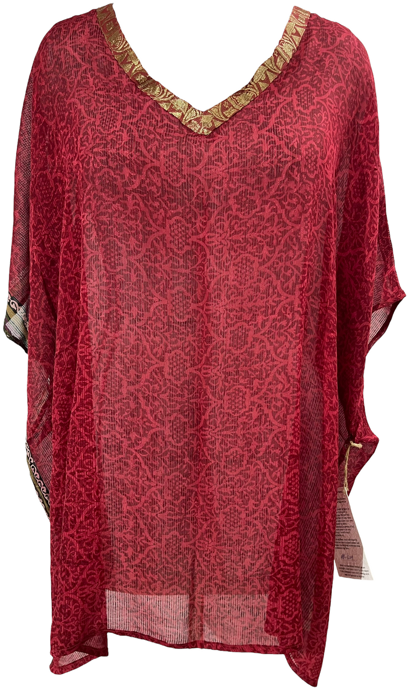 PRG1269 Sheer Pure Silk Short Kaftan Tunic - sariKNOTsari slow fashion bryn walker linen Hamilton sustainable fashion gifts sari not sari Hamilton Fair trade  Ethical  Artisan made  Zero waste  Up-cycled Slow Fashion  Handmade  GTA Toronto Copper Pure Upcycled vintage silk handmade recycled recycle copper pure silk travel clothing hamilton vacation cruisewear resortwear bathing suit bathingsuit vacation etsy silk clothing gifts gift dress top pants linen bryn walker alive intentions kaarigar elephants