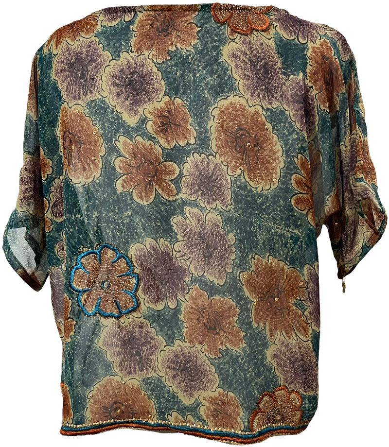 PRGM1567 Anai Sheer Pure Silk Boxy Top - sariKNOTsari slow fashion bryn walker linen Hamilton sustainable fashion gifts sari not sari Hamilton Fair trade  Ethical  Artisan made  Zero waste  Up-cycled Slow Fashion  Handmade  GTA Toronto Copper Pure Upcycled vintage silk handmade recycled recycle copper pure silk travel clothing hamilton vacation cruisewear resortwear bathing suit bathingsuit vacation etsy silk clothing gifts gift dress top pants linen bryn walker alive intentions kaarigar elephants