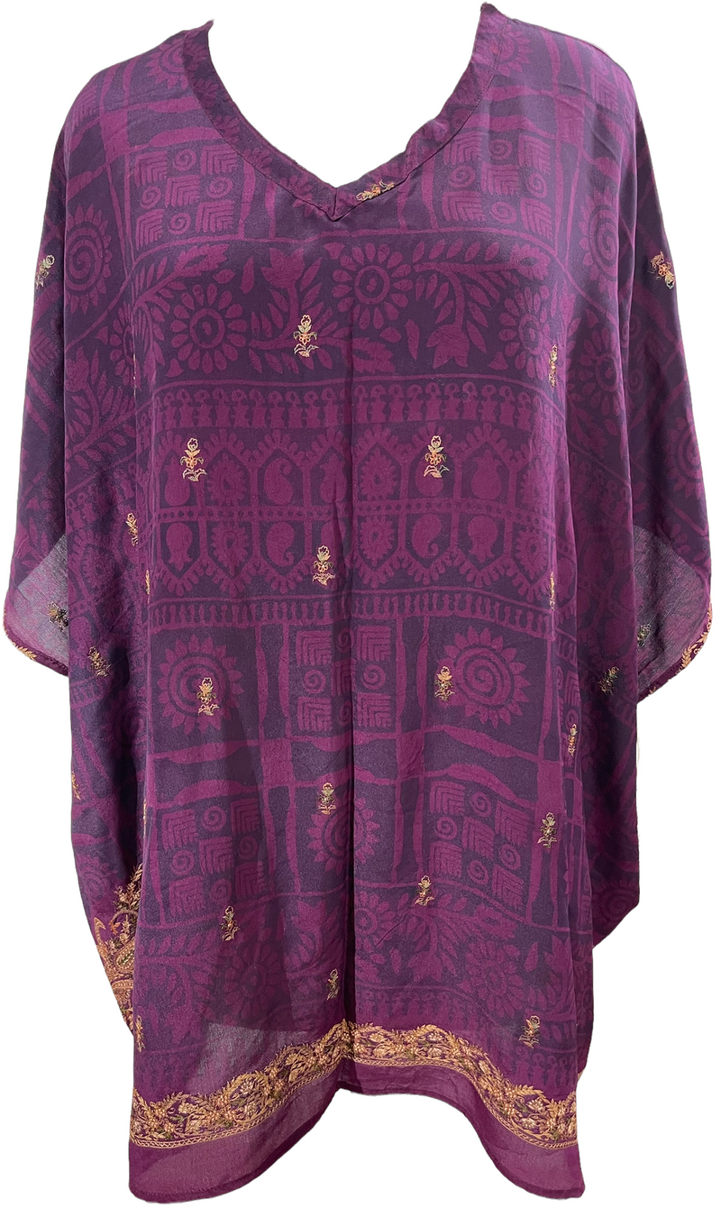 PRC1154 Meg Pure Silk Short Kaftan Tunic - sariKNOTsari slow fashion bryn walker linen Hamilton sustainable fashion gifts sari not sari Hamilton Fair trade  Ethical  Artisan made  Zero waste  Up-cycled Slow Fashion  Handmade  GTA Toronto Copper Pure Upcycled vintage silk handmade recycled recycle copper pure silk travel clothing hamilton vacation cruisewear resortwear bathing suit bathingsuit vacation etsy silk clothing gifts gift dress top pants linen bryn walker alive intentions kaarigar elephants