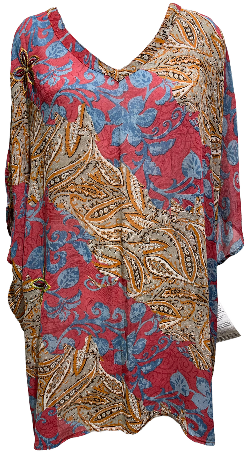 PRC2252 Genovesa Cactus Finch Avatar Pure Silk Short Kaftan Tunic