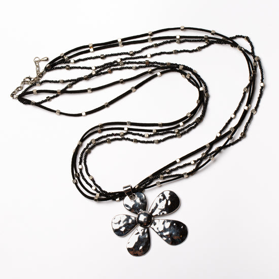 Black Strand Hammered Flower Necklace - sariKNOTsari slow fashion bryn walker linen Hamilton sustainable fashion gifts sari not sari Hamilton Fair trade  Ethical  Artisan made  Zero waste  Up-cycled Slow Fashion  Handmade  GTA Toronto Copper Pure Upcycled vintage silk handmade recycled recycle copper pure silk travel clothing hamilton vacation cruisewear resortwear bathing suit bathingsuit vacation etsy silk clothing gifts gift dress top pants linen bryn walker alive intentions kaarigar elephants