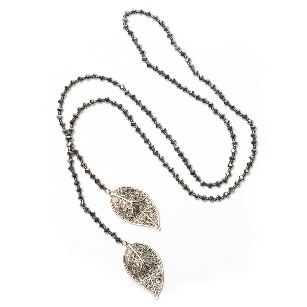 Silver Tone Long Double Leaf Crystal Necklace