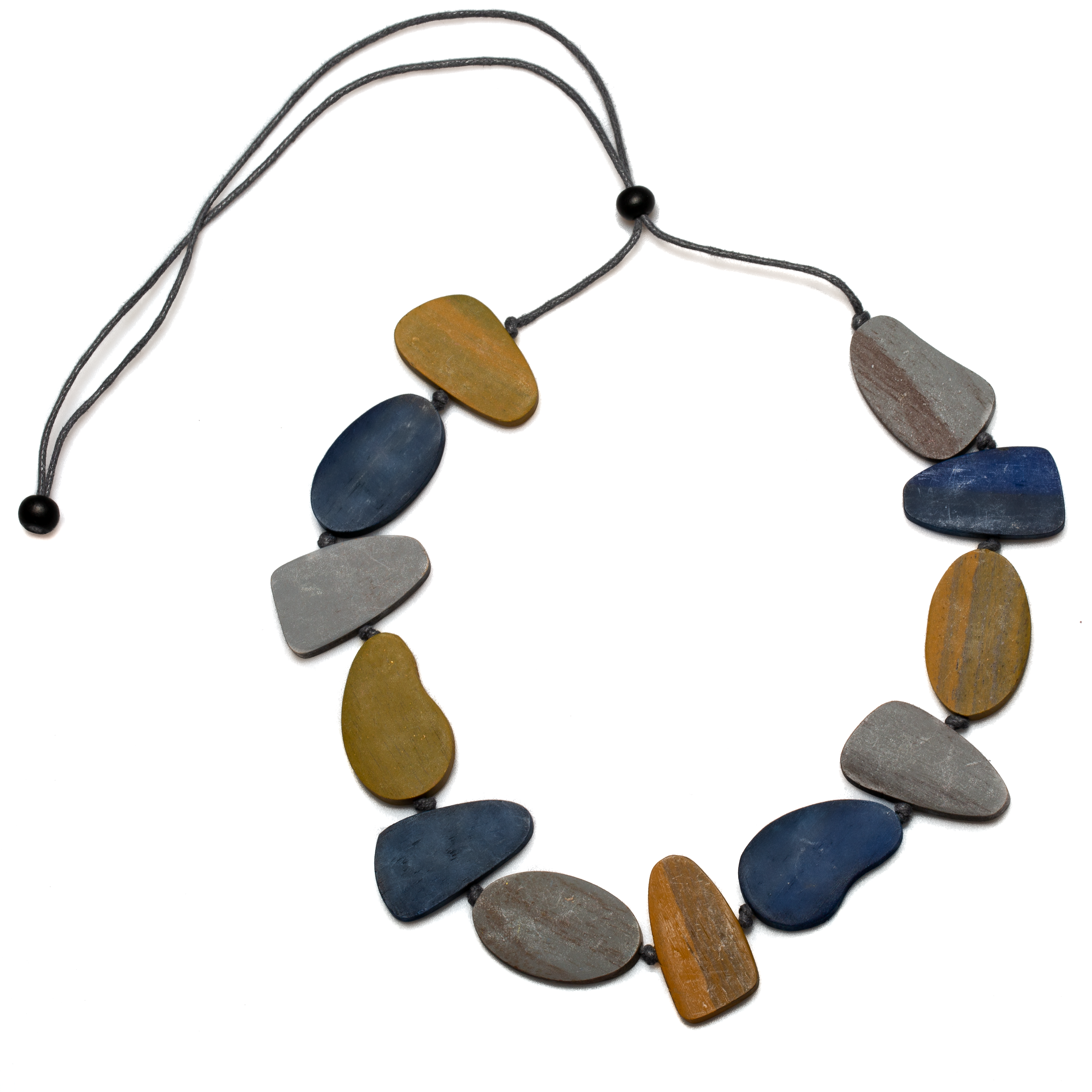 Mustard and Navy Wooden Pebble Necklace