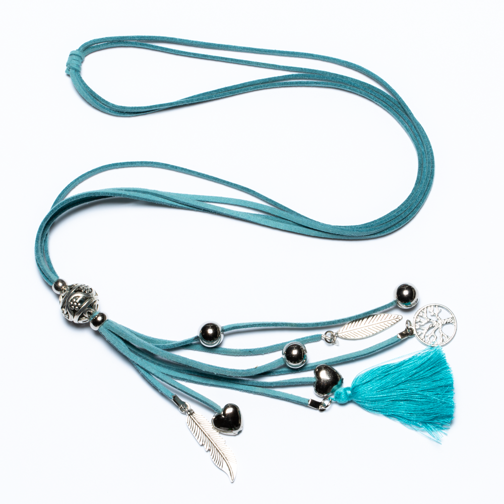 Turquoise Suede Necklace With Tassel & Charms