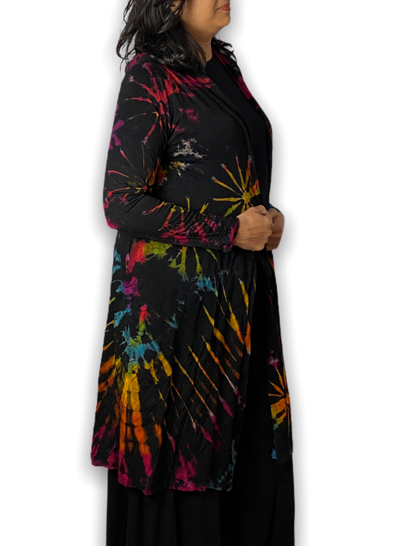 Black Rainbow Long Tie Dye Cardigan - sariKNOTsari slow fashion bryn walker linen Hamilton sustainable fashion gifts sari not sari Hamilton Fair trade  Ethical  Artisan made  Zero waste  Up-cycled Slow Fashion  Handmade  GTA Toronto Copper Pure Upcycled vintage silk handmade recycled recycle copper pure silk travel clothing hamilton vacation cruisewear resortwear bathing suit bathingsuit vacation etsy silk clothing gifts gift dress top pants linen bryn walker alive intentions kaarigar elephants