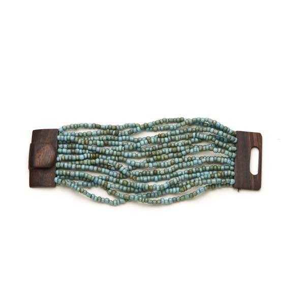 Turquoise Multi-Strand Beaded Bracelet with Wooden Clasp