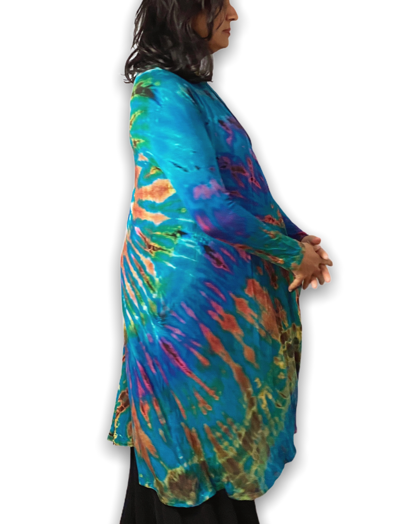 Turquoise Rainbow Long Tie Dye Cardigan - sariKNOTsari slow fashion bryn walker linen Hamilton sustainable fashion gifts sari not sari Hamilton Fair trade  Ethical  Artisan made  Zero waste  Up-cycled Slow Fashion  Handmade  GTA Toronto Copper Pure Upcycled vintage silk handmade recycled recycle copper pure silk travel clothing hamilton vacation cruisewear resortwear bathing suit bathingsuit vacation etsy silk clothing gifts gift dress top pants linen bryn walker alive intentions kaarigar elephants