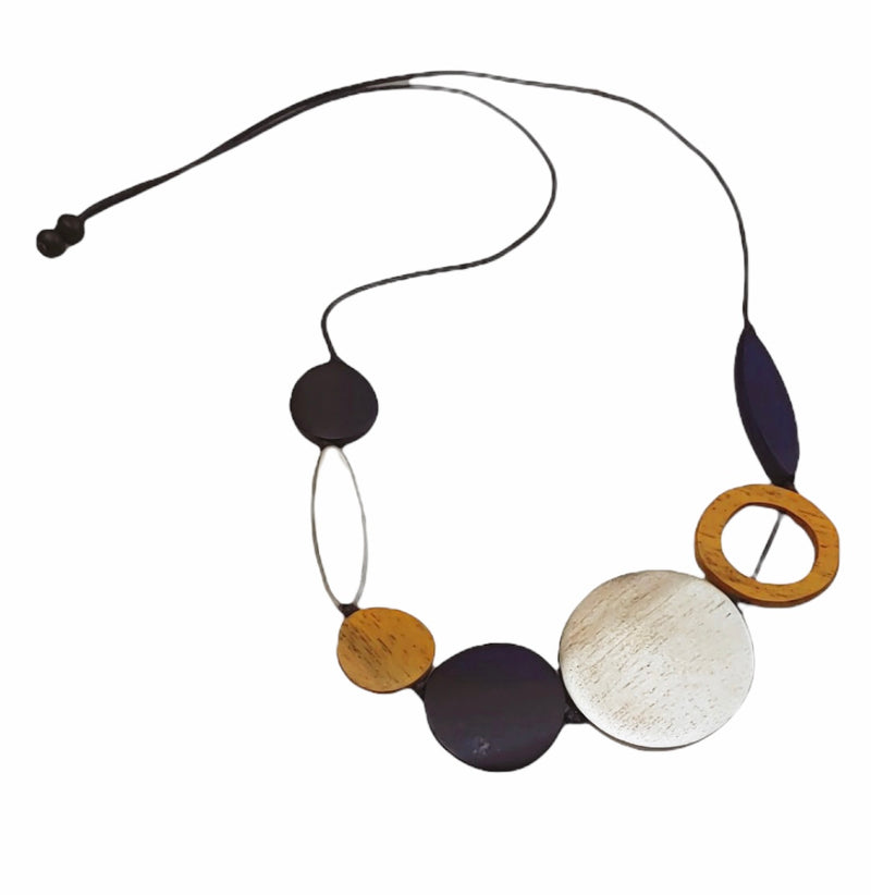 Navy Gold and Silver Mixed Shape Adjustable Wooden Necklace